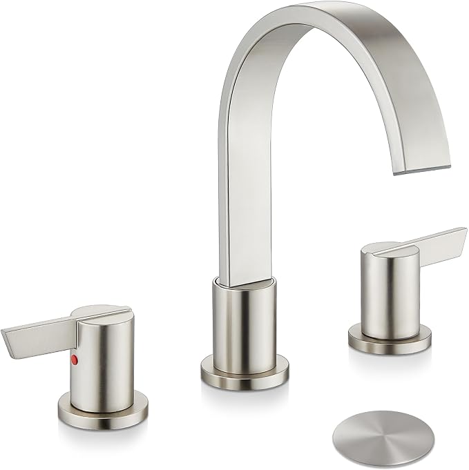 Midanya 8 Inch Widespread Bathroom Sink Faucet 3 Hole,Brushed Nickel | Waterfall Swivel Spout,2 Handle,SUS304,with Pop Up Drain,cUPC 24" Water Hose,for 6-16” hole distance vanity,RV,Farmhouse Sink