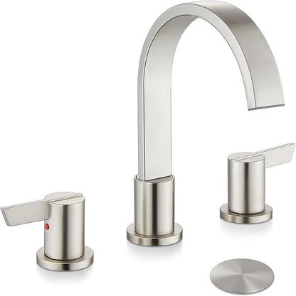 Midanya 8 Inch Widespread Bathroom Sink Faucet 3 Hole,Brushed Nickel | Waterfall Swivel Spout,2 Handle,SUS304,with Pop Up Drain,cUPC 24" Water Hose,for 6-16” hole distance vanity,RV,Farmhouse Sink