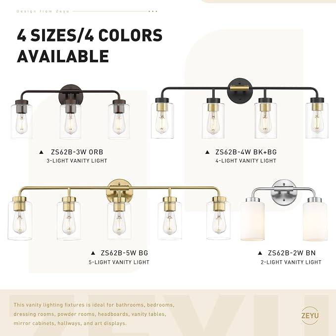 zeyu 36.5 Inch Modern Vanity Lights Over Mirror with Clear Glass Shade, 5-Light Bathroom Light Fixtures for Bathroom, Bedroom, Hallway, Black and Gold Finish, ZS62B-5W BK+BG