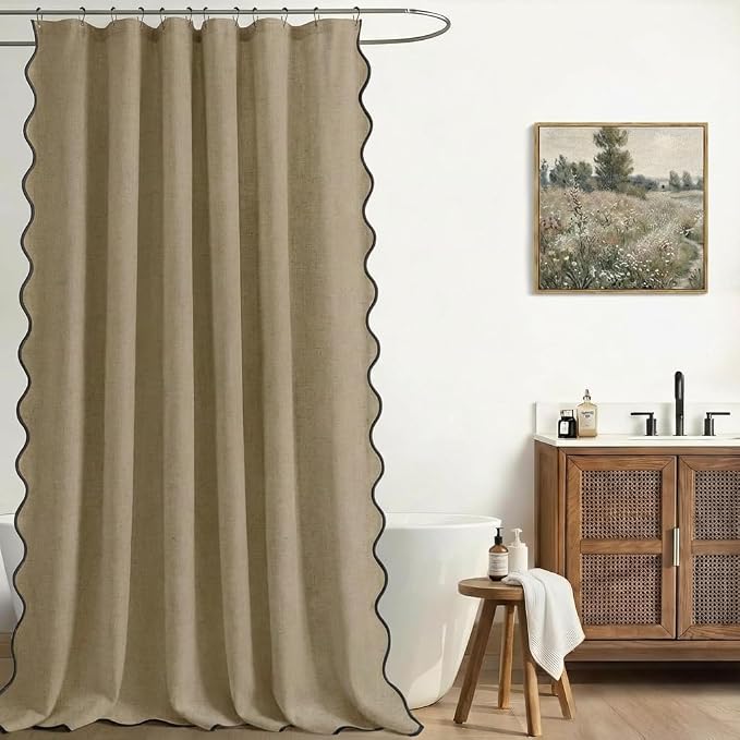 Scalloped Shower Curtain Linen Boho Khaki 72" W x 72" L | Linen Fabric, Black Border, Washable, Heavy Duty Cloth, Shower Curtain for Boho Farmhouse Bathroom Bathtub