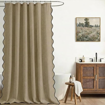 Scalloped Shower Curtain Linen Boho Khaki 72" W x 72" L | Linen Fabric, Black Border, Washable, Heavy Duty Cloth, Shower Curtain for Boho Farmhouse Bathroom Bathtub