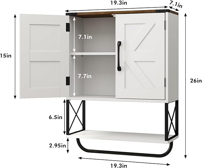 RUSTOWN Farmhouse Medicine Cabinet with 2 Barn Door & Towel Bar Rack | Boho Wood Wall Mounted Storage Cabinet with Adjustable Shelf, 3-Tier Above Toilet Cabinet for Bathroom, Laundry, Living Room
