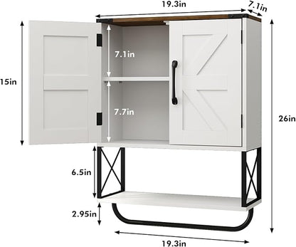 RUSTOWN Farmhouse Medicine Cabinet with 2 Barn Door & Towel Bar Rack | Boho Wood Wall Mounted Storage Cabinet with Adjustable Shelf, 3-Tier Above Toilet Cabinet for Bathroom, Laundry, Living Room