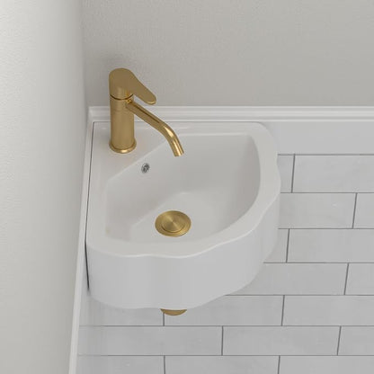 Corner Wall Mount Bathroom Sink | Beslend 17"x15" Inch White Ceramic Vessel Sink, Flower Shaped Bowl White Art Basin with Single Hole Small Space-Saving Sinks