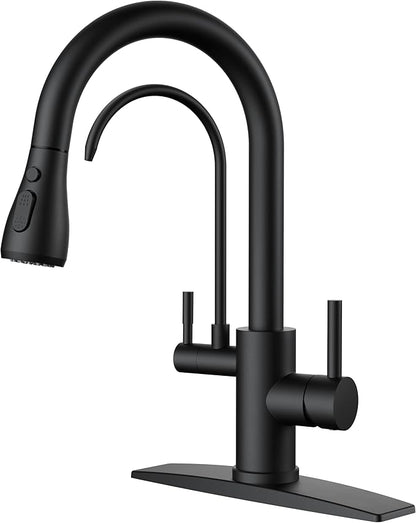 FORIOUS Black Kitchen Faucets with Water Filter, 2 in 1 Stainless Steel Pull Down Sink Faucet and Purified Water Faucet Rustic High Arc Single Handle with Detachable Deck for 1 or 3 Hole