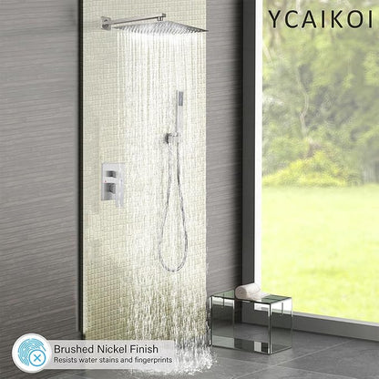 Shower Faucet Set Complete, Wall Mount Shower System for Bathroom 12 Inch High-Pressure Rainfall Shower with Handheld, Rough-in Valve Body and Trim Kit, Brushed Nickel