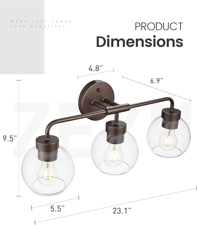 zeyu 23" Oil Rubbed Bronze Vanity Light Fixture, 3-Light Farmhouse Bathroom Wall Lights with Clear Glass Globe Shade, ZS62BG-3W ORB