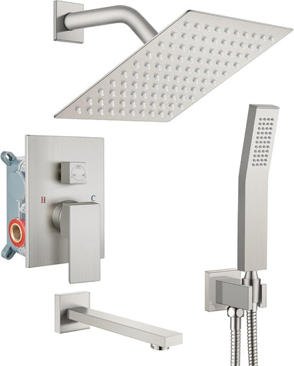 gotonovo Bathtub Shower Faucet Set, 8 Inch Shower Head, Brushed Nickel | Wall Mounted Shower System with Tub Spout for Bathroom, Square High Pressure Rain Shower head with Handheld Spray, All Metal