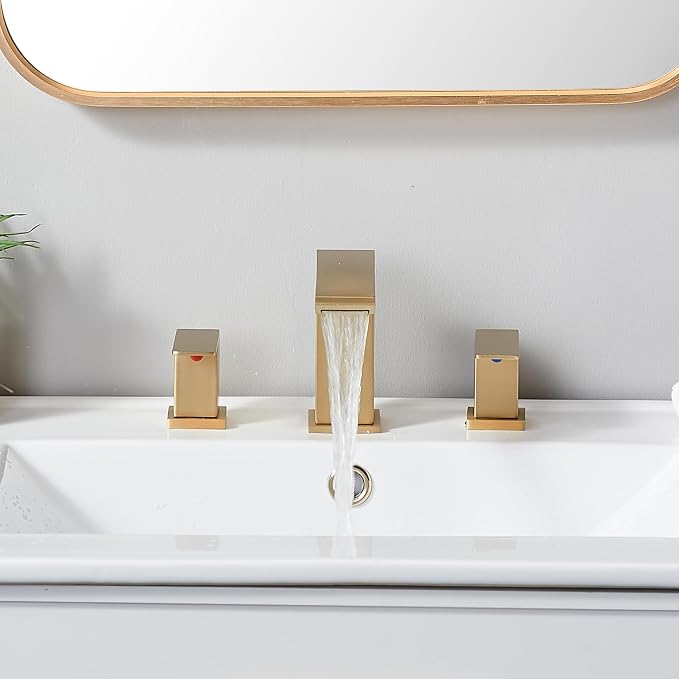 Brushed Gold Bathroom Sink Faucet, 3 Hole Waterfall Bathroom Faucet, 2 Handle Vanity Bath Faucets, Modern Bathroom Faucet with Supply Hoses and Drain, HT-BF301