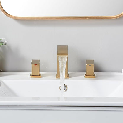 Brushed Gold Bathroom Sink Faucet, 3 Hole Waterfall Bathroom Faucet, 2 Handle Vanity Bath Faucets, Modern Bathroom Faucet with Supply Hoses and Drain, HT-BF301