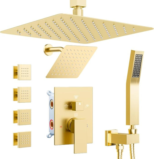 Shower Systems with 4 Body Spray Jets, STARBATH 4 Way 12+6" Rainfall Shower Head with Handheld Combo, Ceiling Mounted Shower Jets System in Wall Shower Faucet Sets Complete,Brushed Gold