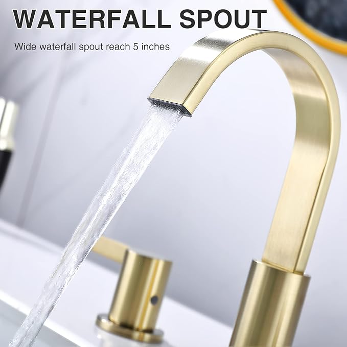TRUSTMI 8 Inch Widespread Brushed Gold Bathroom Faucet 3 Hole 2 Handle Brass Vanity Sink Faucet with 360 Degree Swivel Spout, Overflow Drain and cUPC Waterlines