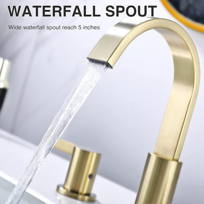TRUSTMI 8 Inch Widespread Brushed Gold Bathroom Faucet 3 Hole 2 Handle Brass Vanity Sink Faucet with 360 Degree Swivel Spout, Overflow Drain and cUPC Waterlines