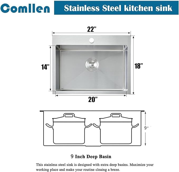 Comllen 22x18 Inch Drop in Kitchen Sink,16 Gauge Topmount RV Small Kitchen Bar Sinks,Stainless Steel Outdoor Prep Single Bowl Workstation Wet Bar Sink