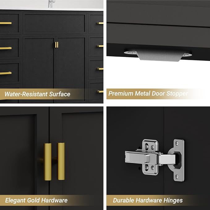 48 Inch Freestanding Bathroom Vanity with Sink, Shaker Style Black Cabinet with 8 Drawers & Double Doors, Waterproof Lacquer Finish, Maximum Multi-Drawer Storage for Master Bathroom