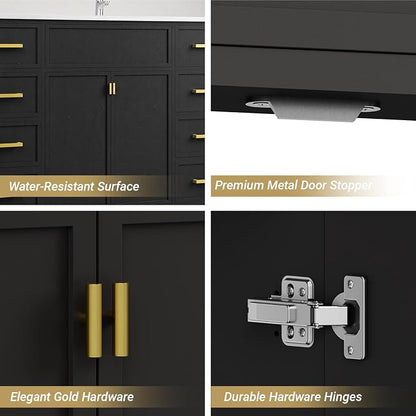 48 Inch Freestanding Bathroom Vanity with Sink, Shaker Style Black Cabinet with 8 Drawers & Double Doors, Waterproof Lacquer Finish, Maximum Multi-Drawer Storage for Master Bathroom