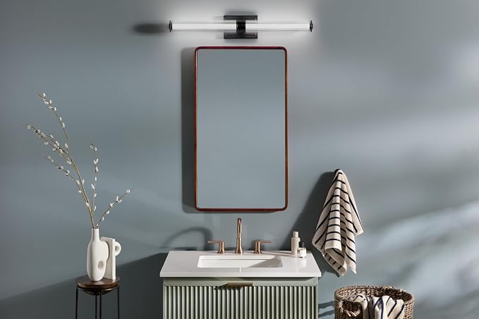 Kichler Laurene LED Bath Bar Light, Black | Linear vanity light with clear fluted glass for bathroom mirrors (31" x 5"), 55197BKLED