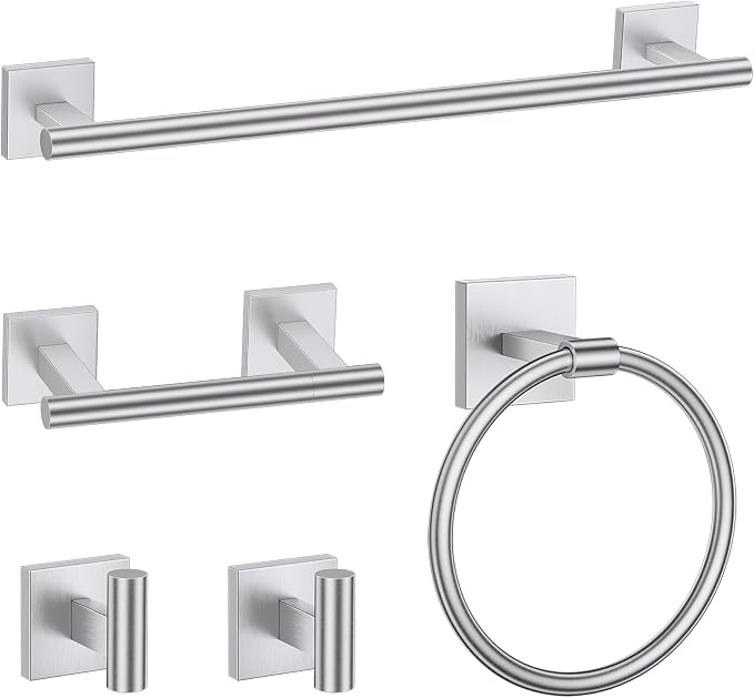 TURS Brushed Nickel 5 Piece Bathroom Hardware Accessories Set, SUS304 Stainless Steel Bath Towel Bar Set, 24 Inch Round Bathroom Accessories Kit Wall Mounted
