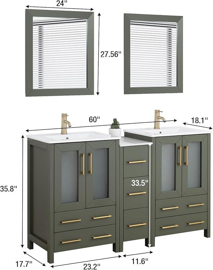 HOMEBEYOND 60 Inch Modern Bathroom Vanity with Sink & Mirror, Double Sink Vanity Cabinet with Basin and Mirror, Dove-Tailed Drawers, Soft-Closing Doors, Wood, Vintage Green