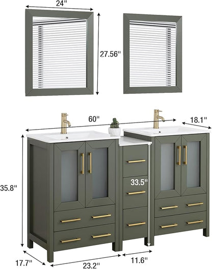 HOMEBEYOND 60 Inch Modern Bathroom Vanity with Sink & Mirror, Double Sink Vanity Cabinet with Basin and Mirror, Dove-Tailed Drawers, Soft-Closing Doors, Wood, Vintage Green