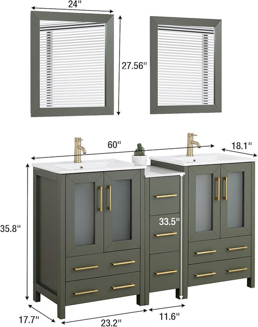 HOMEBEYOND 60 Inch Modern Bathroom Vanity with Sink & Mirror, Double Sink Vanity Cabinet with Basin and Mirror, Dove-Tailed Drawers, Soft-Closing Doors, Wood, Vintage Green