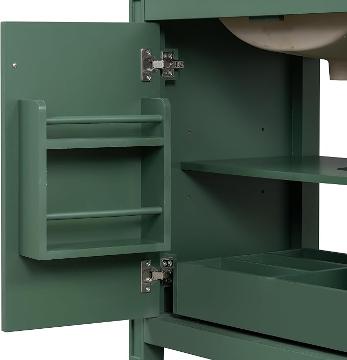 Christopher Knight Home Benton 30" Bathroom Vanity with Ceramic Sink, Wood Frame, Adjustable Shelves, Soft Close Door Hinges, Storage Cabinet with 2-Tier Door Organizer, 1 Drawer, Green