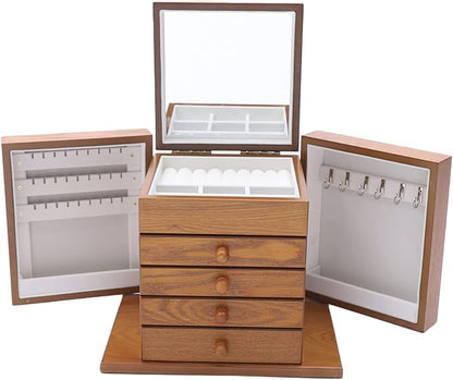 Extra Large Four-Leaf Carved 5 Layers Wooden Jewelry Box Jewelry Case Cabinet Armoire Ring Necklacel Gift Storage Box Organizer(5 Layers,Brown,Style 1)