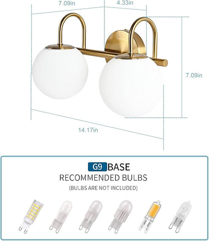 Modern Bathroom Vanity Light Fixtures 2 Lights Brushed Brass Milk White Globe Glass Shade Modern Wall Bar Sconce Lighting Bath Vanity Lights Over Mirror (Exclude G9 Bulb)