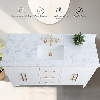 Vanity Art 60 inch Bathroom Vanity with Single Sink & Ceramic Top, Vanity Cabinet with Soft-Closing Doors, Drawers, Solid Wood Frame, White, VA9060-SW-BN1