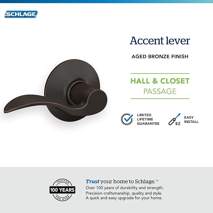 Schlage F10 ACC 716 Accent Door Lever, Hall & Closet Passage Lock, Aged Bronze