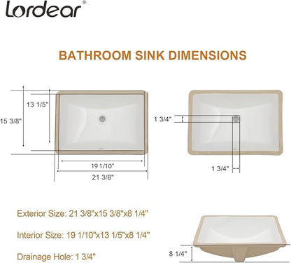 Lordear Undermount Bathroom Sink 21x15 Inch Bathroom Vanity Sink Undermount Rectangle White Porcelain Ceramic Bathroom Under Counter Lavatory Vanity Sink Basin with Overflow