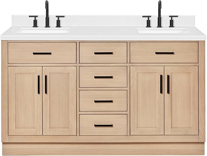 ARIEL Hepburn 60-inch Bathroom Vanity with Sink,Solid Wood, 1.5-inch Carrara White Quartz Countertop, Double Rectangular Porcelain Sink, 4 Soft Closing Doors, 6 Dovetail Drawers, White Oak