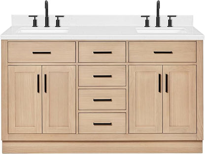 ARIEL Hepburn 60-inch Bathroom Vanity with Sink,Solid Wood, 1.5-inch Carrara White Quartz Countertop, Double Rectangular Porcelain Sink, 4 Soft Closing Doors, 6 Dovetail Drawers, White Oak