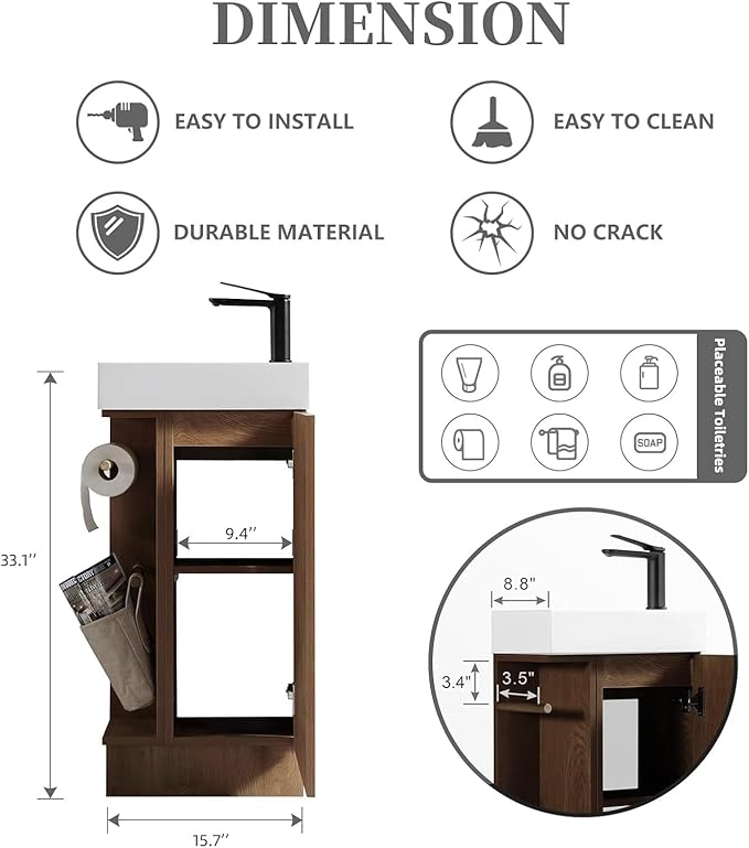 16" Small Bathroom Vanity with Sink - Walnut:Small Space Fit,2 Toilet Paper Holders & Storage Pocket,Adjustable Shelve,Soft Closing Door & Quiet Hinges,Floor-Standing Extra Storage