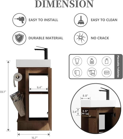 16" Small Bathroom Vanity with Sink - Walnut:Small Space Fit,2 Toilet Paper Holders & Storage Pocket,Adjustable Shelve,Soft Closing Door & Quiet Hinges,Floor-Standing Extra Storage