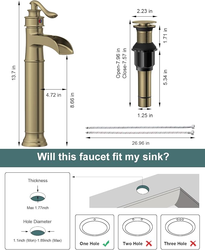 BWE Waterfall Vessel Sink Faucet Brushed Gold Bathroom Faucet 1 Hole | Single Handle Tall Bathroom Faucets with Pop Up Drain Assembly and Supply Lines Lavatory Vanity Bath Mixer Tap