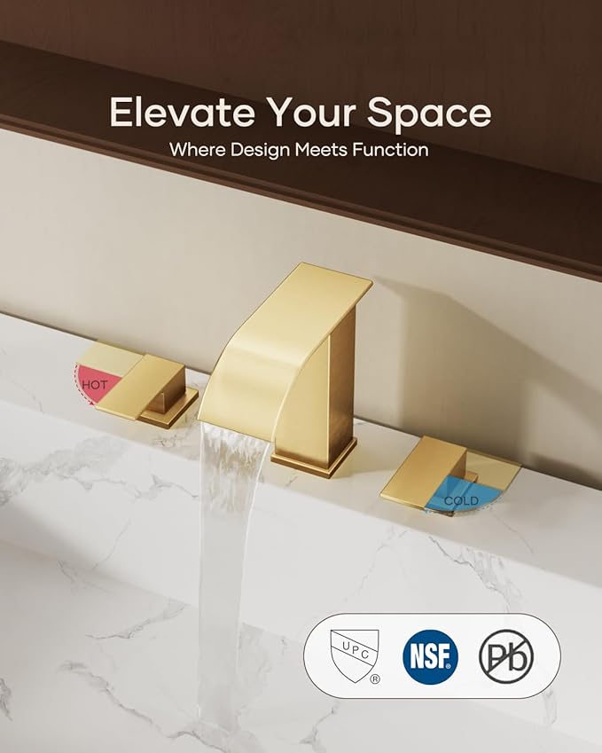 Waterfall Bathroom Faucet 3 Hole, Brushed Gold 8 Inch Widespread Modern 3 Piece Bathroom Sink Faucet, Touch On Lavatory Faucet for Vanity RV Restroom, Curved Spout