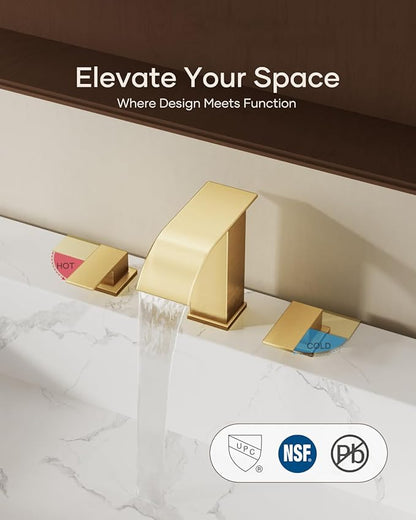 Waterfall Bathroom Faucet 3 Hole, Brushed Gold 8 Inch Widespread Modern 3 Piece Bathroom Sink Faucet, Touch On Lavatory Faucet for Vanity RV Restroom, Curved Spout