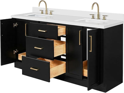 ARIEL Loren 72-inch Bathroom Vanity with Sink,Solid Wood, 1.5-inch Pure White Quartz Countertop, Double Rectangular Porcelain Sink, 4 Soft Closing Doors, 3 Dovetail Drawers, Black