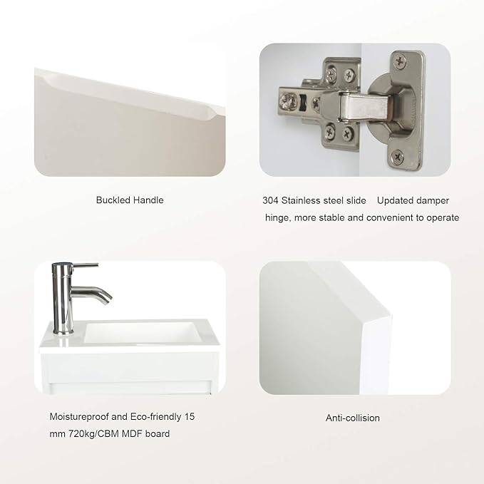 UEV Small Bathroom Vanity Wall Mounted, White, 16*9.8*20.3 in (L*W*H), Modern Style with Ceramic Sink and Chrome Faucet