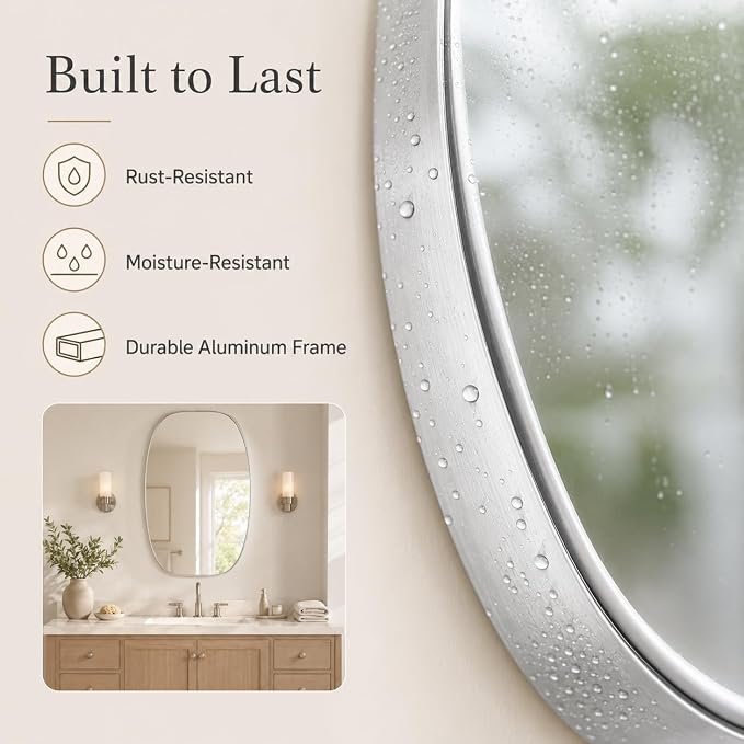 Silver Oval Bathroom Mirror 30x48 Inch | Oblong Vanity Mirror, Crystal-Clear HD Glass, Rust-Proof Aluminum Frame, Elegant Inner-Curved Edge, Modern Contemporary Style