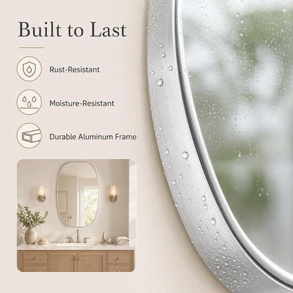 Silver Oval Bathroom Mirror 30x48 Inch | Oblong Vanity Mirror, Crystal-Clear HD Glass, Rust-Proof Aluminum Frame, Elegant Inner-Curved Edge, Modern Contemporary Style