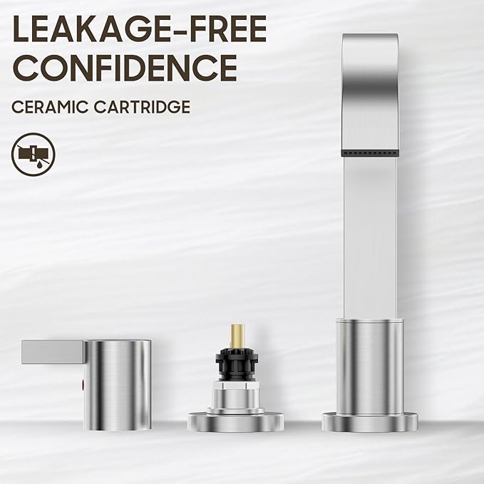 Phiestina 8 Inch Brushed Nickel Waterfall 2-Handle 3-Hole Widespread Bathroom Faucet with Pop-up Drain and Valve, WF40-1-BN