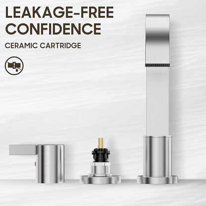 Phiestina 8 Inch Brushed Nickel Waterfall 2-Handle 3-Hole Widespread Bathroom Faucet with Pop-up Drain and Valve, WF40-1-BN