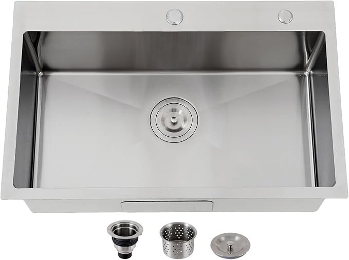 Friho 30x18 Inch Drop In Kitchen Sink, Top Mount Silver SUS304 Stainless Steel Single Bowl, 18 Gauge Handmade Sink