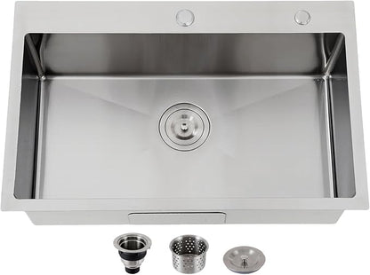 Friho 30x18 Inch Drop In Kitchen Sink, Top Mount Silver SUS304 Stainless Steel Single Bowl, 18 Gauge Handmade Sink