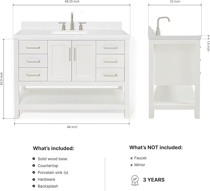 DKB Olivia 48-Inch White Bathroom Vanity with Sink, 1.5-Inch Carrara Quartz Countertop & Backsplash, Rectangular Undermount Sink, 2 Soft-Closing Doors, 6 Dovetail Drawers, Brushed Nickel