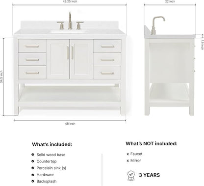 DKB Olivia 48-Inch White Bathroom Vanity with Sink, 1.5-Inch Carrara Quartz Countertop & Backsplash, Rectangular Undermount Sink, 2 Soft-Closing Doors, 6 Dovetail Drawers, Brushed Nickel