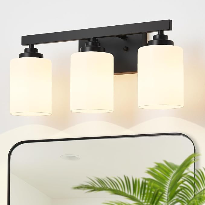 Bathroom Light Fixtures, Vanity Light Over Mirror Black 3-Light Fixture | Modern bathroom vanity light fixture with metal frame, ideal for mirrors, bedrooms and hallways. Fits E26 bulbs.