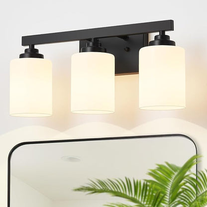 Bathroom Light Fixtures, Vanity Light Over Mirror Black 3-Light Fixture | Modern bathroom vanity light fixture with metal frame, ideal for mirrors, bedrooms and hallways. Fits E26 bulbs.